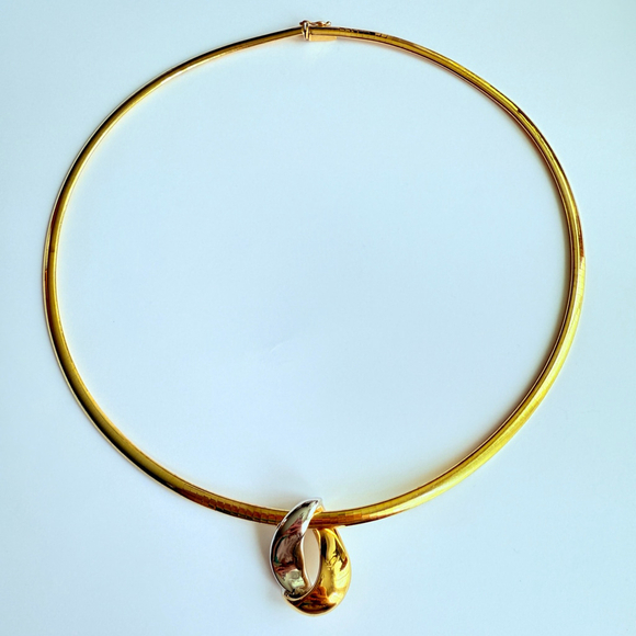 Estate 14K Yellow Gold Gooseneck Half Round Necklace Two Tone Modernist Pendant - Picture 1 of 12